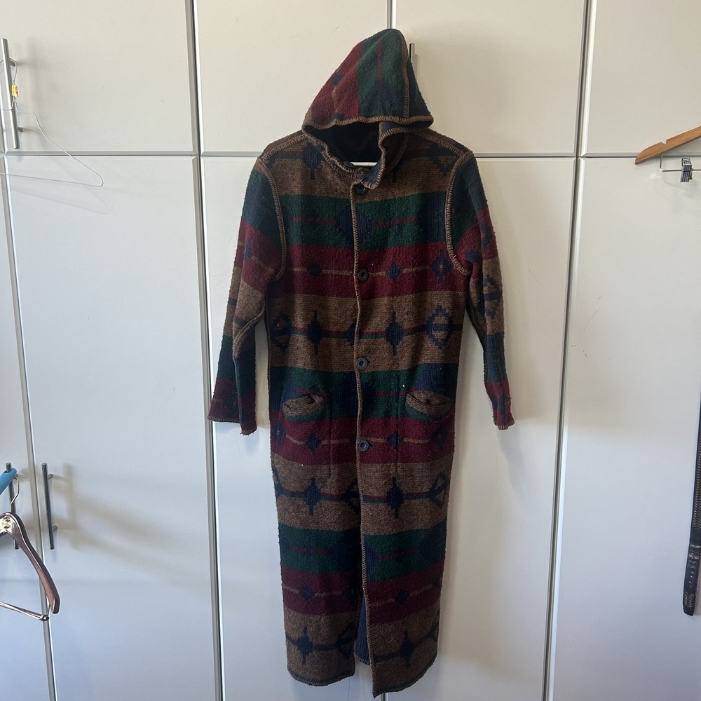Vintage Woolrich Southwestern Wool Hooded Long Coat Duster Geometric Womens M